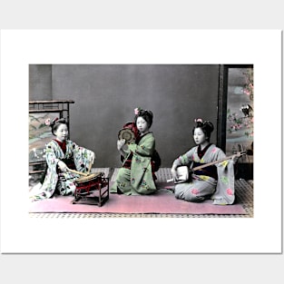 Three Japanese Women & Musical Instruments 1870s–1890s Posters and Art